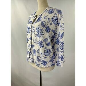 Aegean Linen Jacket Top White Blue Floral Small Breathable